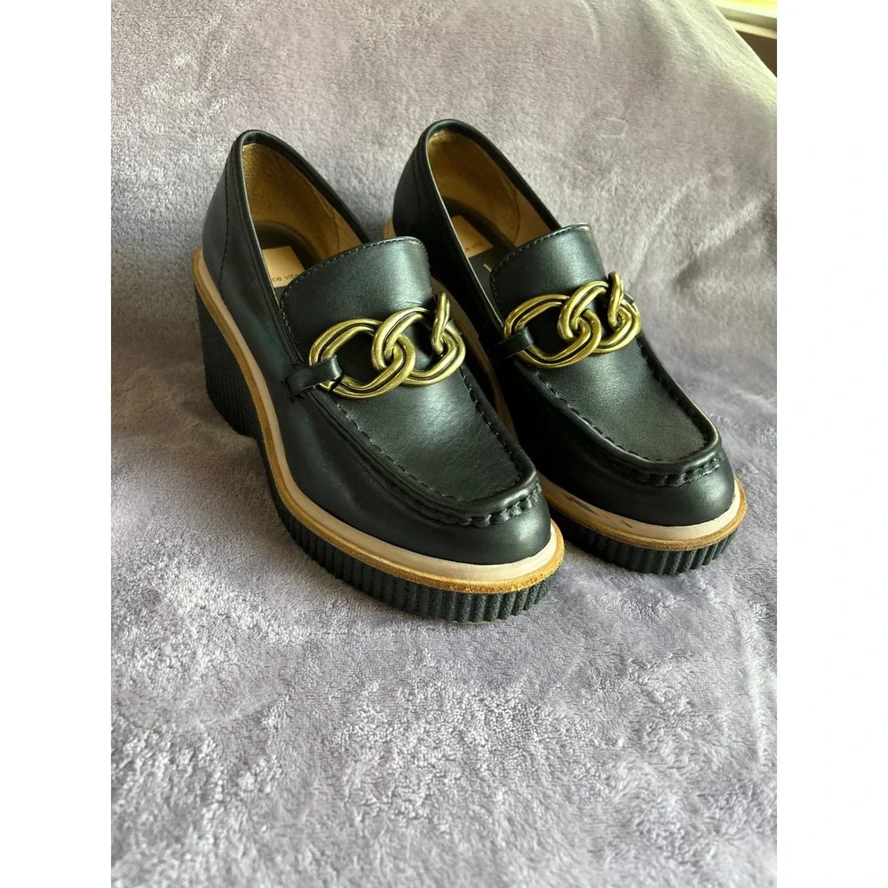 Dolce Vita Women Black Leather Chain Link Platform Wedge Loafers Size 6.5 - Picture 1 of 8